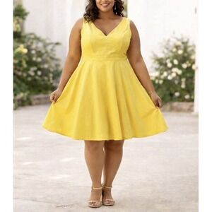 eShakti Yellow Sleeveless Fit Flare Midi Dress Size 2X Womens Plus Summer Chic